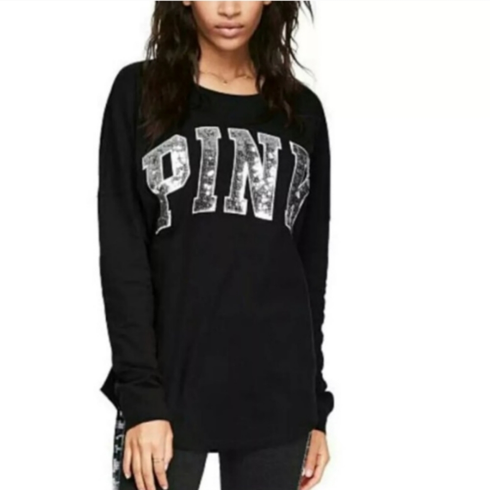 PINK Victoria's Secret VS Sequined Bling Logo Long Sleeve Shirt Small